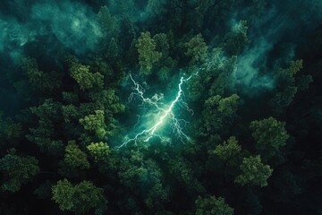 A dramatic aerial view of a lightning strike illuminating a dense, dark forest at night.