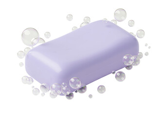 Isolated Purple Bar of Soap Surrounded by Transparent Bubbles for Hygiene and Cleanliness
