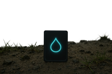 Glowing water symbol on black card standing in soil deck with magic symbol and transparent background