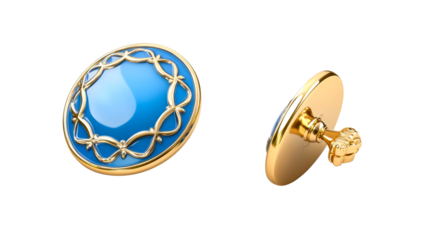 Elegant blue button with gold detailing on a transparent background