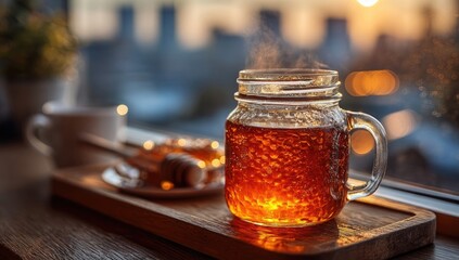 Warm honey tea, steaming in glass jar
