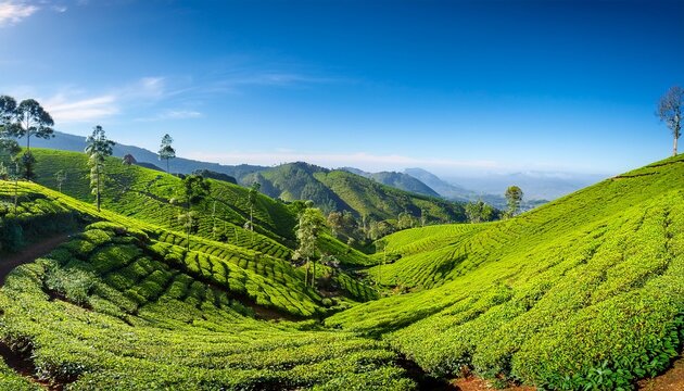 the lush green tea plantations of munnar stretching over rolling hills under a clear sky