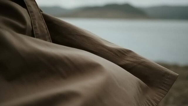 Close-up of a brown trench coat fabric.