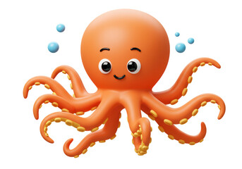 Isolated Adorable 3D Cartoon Orange Octopus with Playful Bubbles