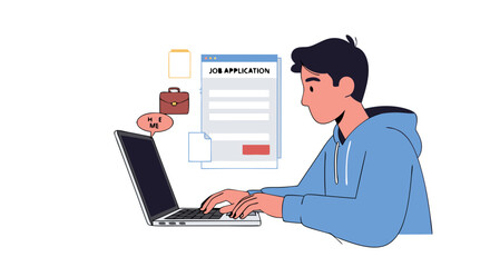 Online job hunt: A focused young man completes a job application form on his laptop attentively