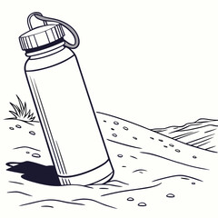 A reusable water bottle is stuck in the sandy ground with a grassy plant nearby