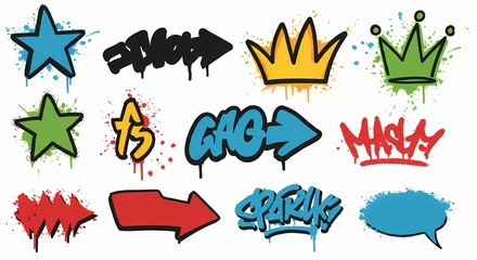 Vibrant Graffiti Elements Stars Crowns Arrows and Speech Bubble with Splatter Effect.