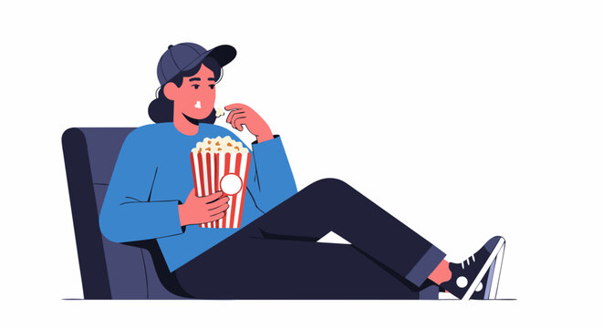 Girl enjoys movie snack with popcorn bucket in relaxed cinema chair setting illustrated art concept