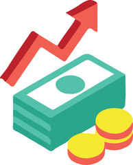Obraz premium Isometric View of Rising Arrow Representing Financial Growth with Money and Coins for Business Success and Investment