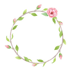 Hand-painted watercolor floral wreath with a delicate pink blossom and tender green leaves on a circular twig frame. Perfect for wedding invitations, elegant spring designs, greeting cards