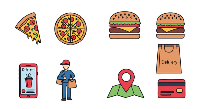 Illustrations showcase seamless fast food service delivery featuring pizza, burgers, and mobile order tracking for quick, convenient dining options