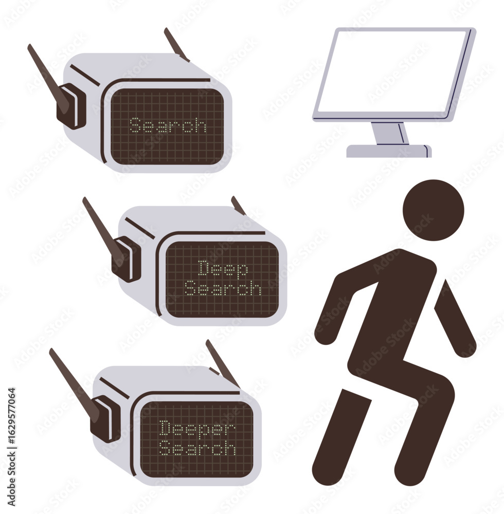 Poster surveillance cameras labeled with search progress scanning a person walking away from monitoring. id