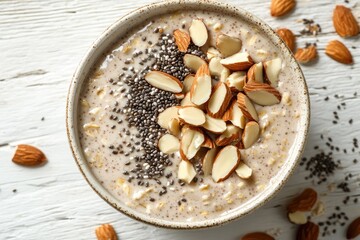 Fototapeta premium Creamy oatmeal topped with sliced almonds and chia seeds, a healthy and delicious breakfast.