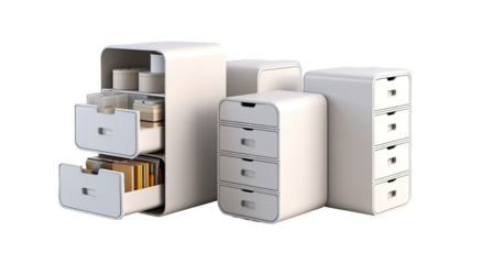 Modern, light-beige storage units with rounded edges and drawers.  Organized, modular, and stackable