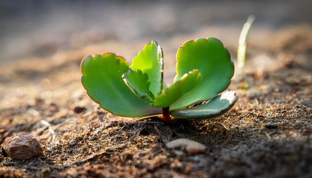small stem of kalanchoe pinnata growing on the ground when they fall off the fleshy leaf they can root directly into the soil and continue to grow as a new plant