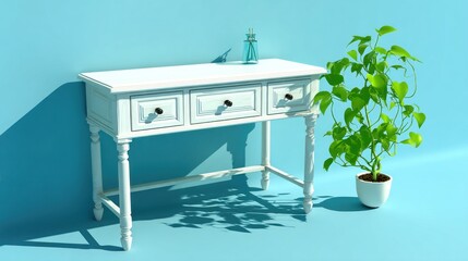 White wooden console table with plant in a room with a light blue background.