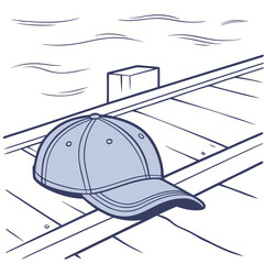 A simple blue baseball cap rests on a wooden dock with stylized water in the background