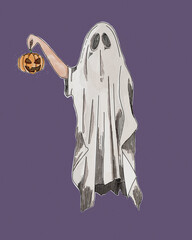 Cute ghost in halloween costume holding pumpkin lantern illustration