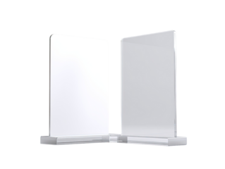 Two blank, white, acrylic,  display stands, facing slightly outward, on a shared base