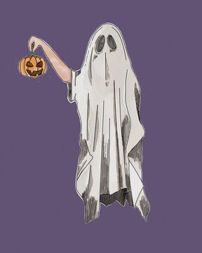 Cute ghost in halloween costume holding pumpkin lantern illustration