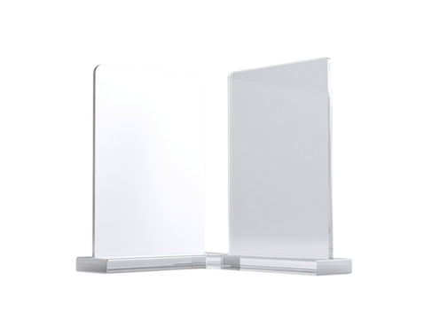 Two blank, white, acrylic,  display stands, facing slightly outward, on a shared base