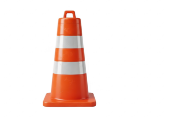 Orange traffic cone with white reflective stripes isolated on a transparent background