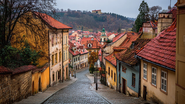 Quaint European street scene featuring historic buildings with red roofs descending a cobblestone road. A hill with structures completes the backdrop. - Powered by Adobe