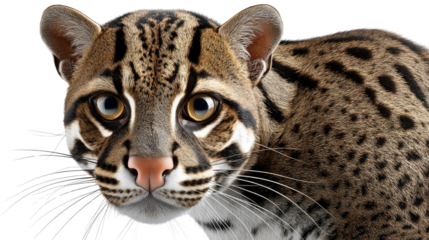 Mysterious Cat Portrait: A close-up shot reveals an ocelot's face, its gaze, marked by distinctive spots and striking eyes.  An intimate encounter with a captivating wild cat.