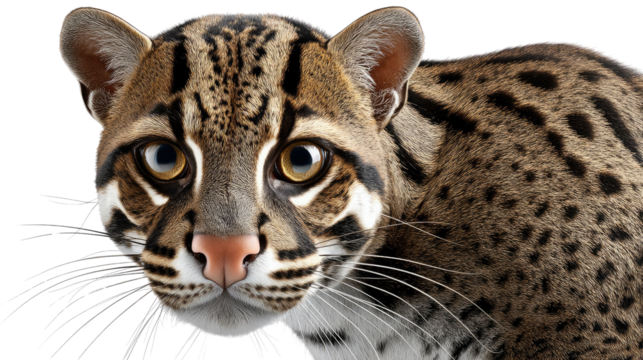 Mysterious Cat Portrait: A close-up shot reveals an ocelot's face, its gaze, marked by distinctive spots and striking eyes.  An intimate encounter with a captivating wild cat.