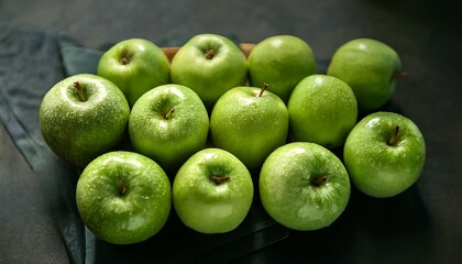a collection of fresh green apples arranged beautifully their bright color and shiny surface highlight their freshness making viewers crave a bite