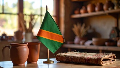 A small flag rests on a table with pottery and rustic interior details.