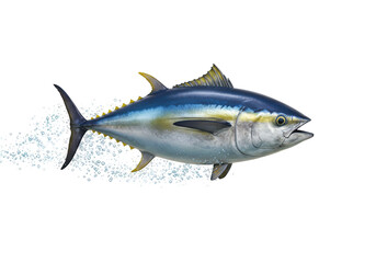 Isolated Vibrant Yellowfin Tuna Fish Swimming with Air Bubbles
