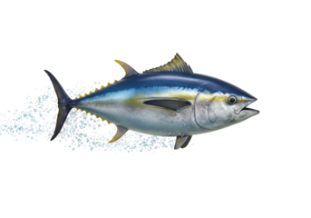 Isolated Vibrant Yellowfin Tuna Fish Swimming with Air Bubbles