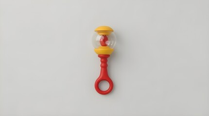 ed and yellow baby rattle toy with rounded handles and clear sound beads