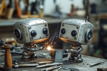 Two metallic robots, meticulously crafted, collaborate on a welding project in a workshop setting.