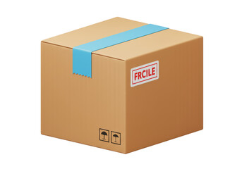Isolated Brown Cardboard Shipping Box with Blue Tape and Fragile Sticker