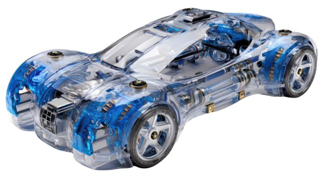 Futuristic Car Design: An up-close perspective showcases the intricate details of a see-through futuristic car. Emphasizing the innovative design and technological advancements. 