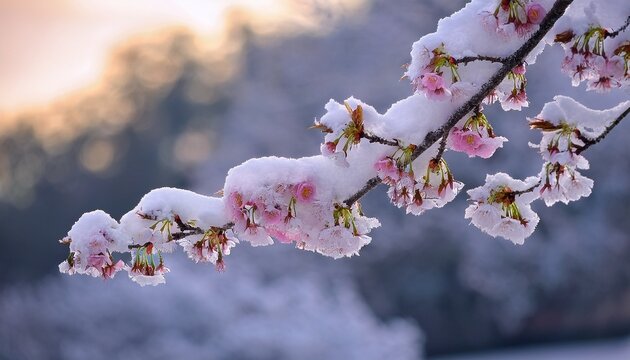 cherry blossom branch covered in snow during early winter morning - Powered by Adobe
