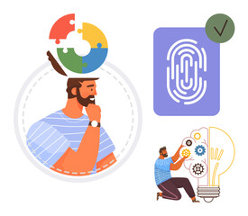 Man thinking with puzzle pieces, fingerprint symbolizing identity, figure fixing gears in a light bulb. Ideal for innovation, problem-solving, strategy, creative thinking, security, technology