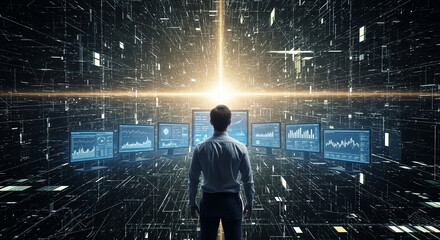A visionary professional stands before multiple screens, analyzing financial data within a vast, abstract digital network and information stream.