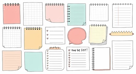 Whimsical Doodle Stationery Collection of Pastel Memo Pads and ToDo Lists.