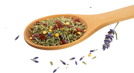 Wooden spoon filled with colorful dried herbs and spices with scattered lavender flowers, useful for cooking and herbal recipes
