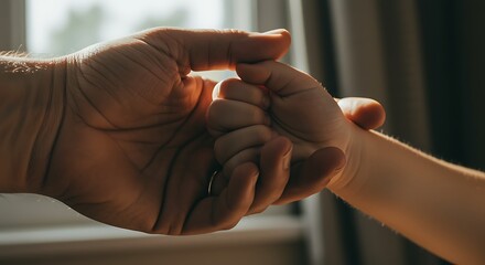 A close up of an adult hand gently holding a child's hand in a comforting and supportive gesture