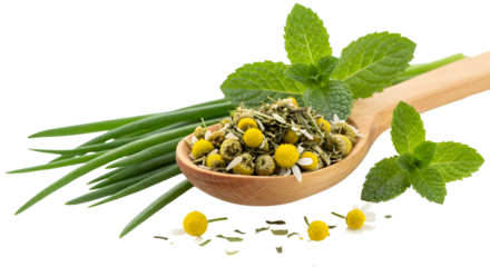 Wooden spoon with dried chamomile flowers and fresh green mint and chives herbs, natural healthy ingredients for tea or cooking