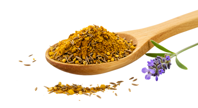 Wooden spoon with bee pollen granules and lavender flower on white background, perfect for natural health and wellness concepts