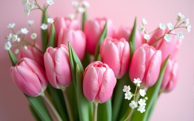 Obraz premium Romantic bouquet of pink tulips and gypsophilia paniculata. High quality