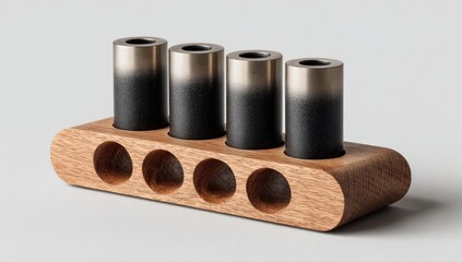 Four cylindrical holders on a light-brown wooden stand