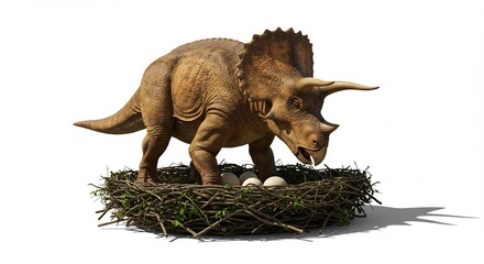 Fototapeta premium Triceratops protecteur veille oeufs nid lumi�re naturelle. AI Generated