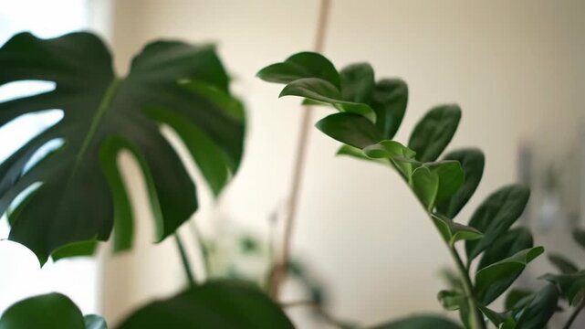 Houseplant with large green leaves indoors in soft, natural light.