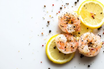 Shrimps are presented with lemon and spices, having been freshly prepared and garnished with slices of lemon, then sprinkled with various herbs and spices, all on a white background that includes